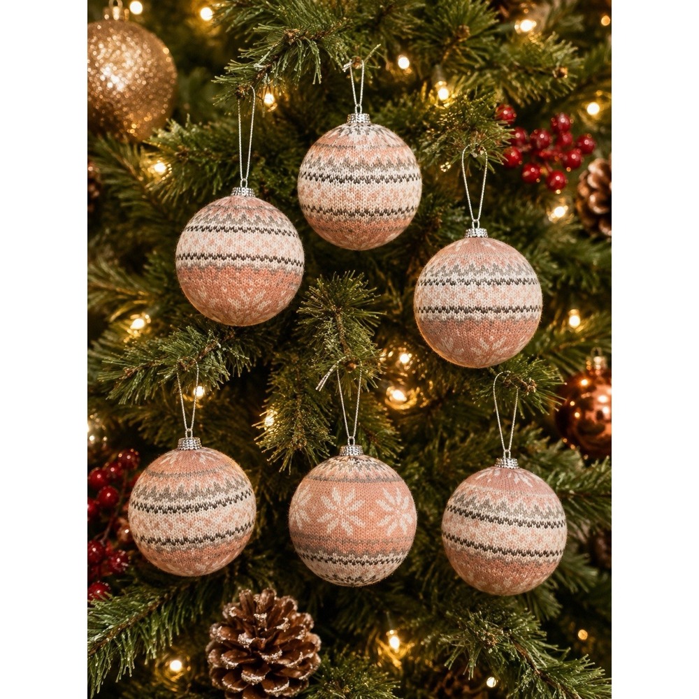 Unbranded Knit Christmas Ornaments Set of 6 Peach Grey Fair Isle Excellent Soft